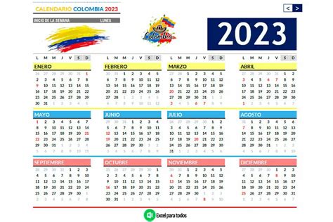 Calendario 2023 Colombia Con Festivos Pdf Y Excel
