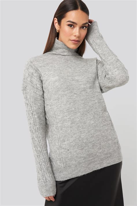Turtleneck Sleeve Detailed Knitted Sweater Grey Na