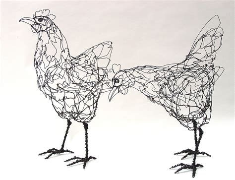 Two Wire Chickens Scribble Art Uk Artist Recycled Metal Found Object