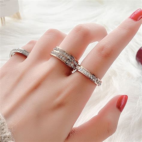 Korean Style Titanium Jewelry Single Double Row Ring Simple Diamond