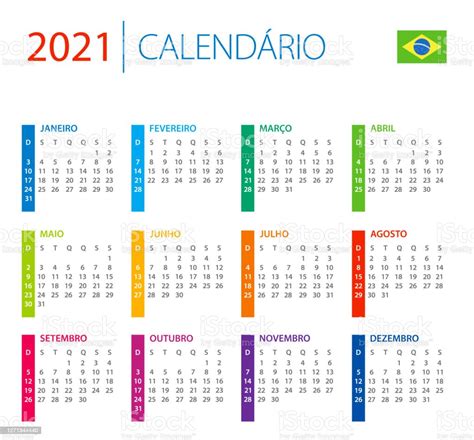 Calendar 2021 Brazil Color Vector Illustration Portuguese Language