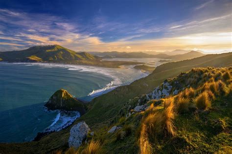 Sunset Beach Grass New Zealand Sea Mountain Clouds