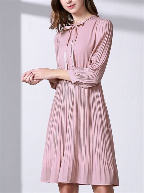 Buy Pink Bowknot Chiffon Midi Dress With Pleated Skirt At