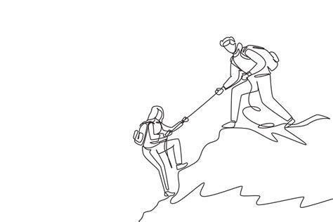 Single One Line Drawing Man Woman Hikers Climbing Up Mountain And One