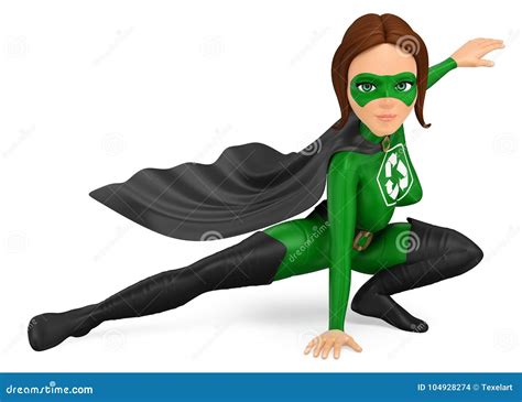 3d Woman Superhero Of Recycling Posing With Hand On Floor Stock