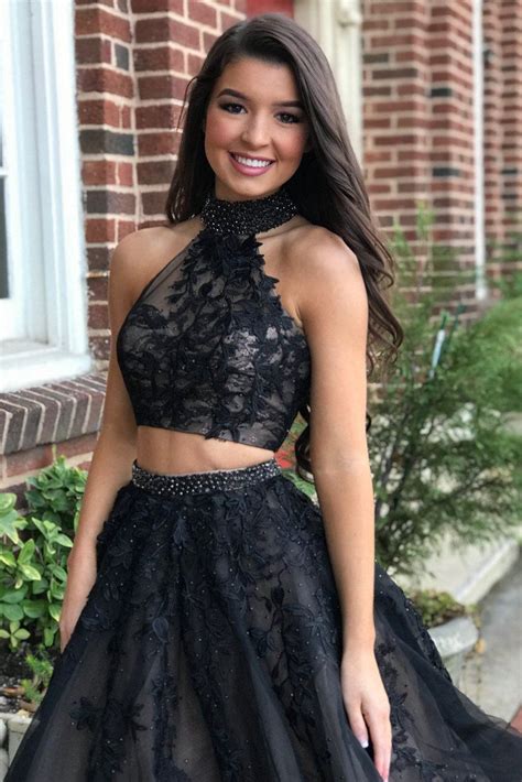 Two Piece Prom Dresses High Neck Ball Gown Sweep Train Long Sexy Black