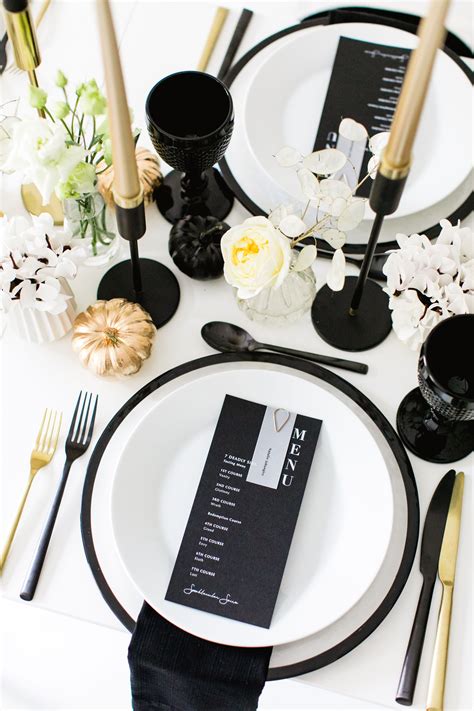 Black White And Gold Table Setting For A Chic All Hallows Eve Soiree