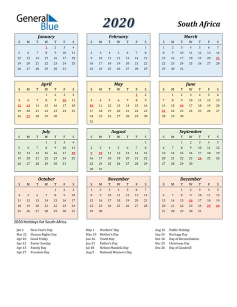 2020 South Africa Calendar With Holidays