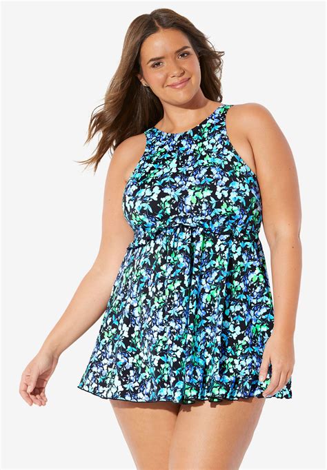 High Neck Swimdress By Fit 4 U® Plus Size Swimwear Roamans Swim Dress Plus Size Swimwear