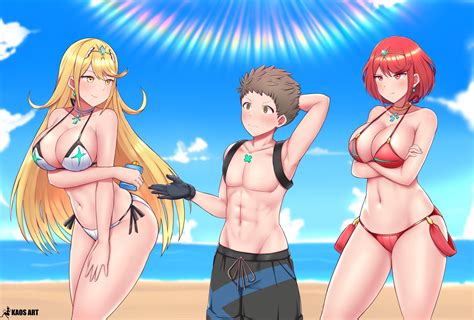 Pyra And Mythra Taking Rex On A Beach Date Kaosartgx Commissioned