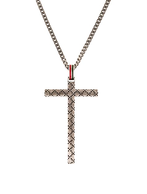 Gucci Enamel Diamante Cross Pendant Necklace Sterling Silver Pendant
