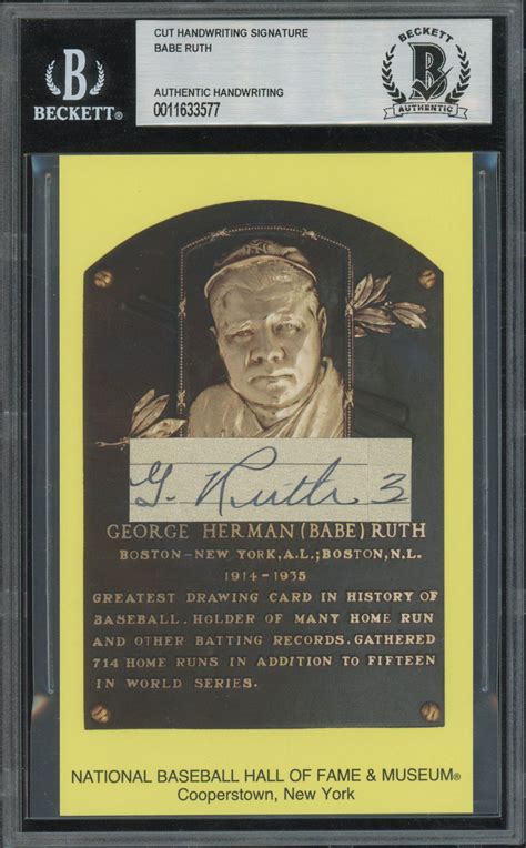 Babe Ruth Cut Autograph G Ruth 3 Affixed To A Hall Of Fame Plaque Postcard In Beckett Slab