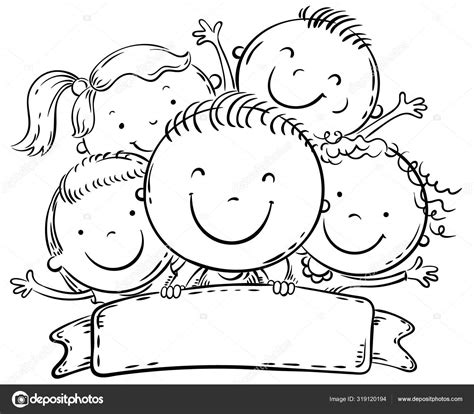 Happy Kids With A Copy Space Black And White Cartoon Illustration
