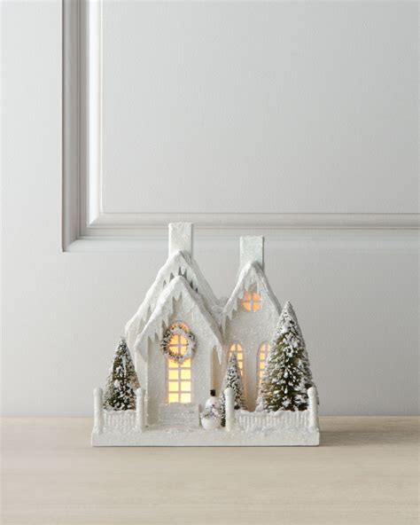 Bethany Lowe Ivory Glitter Cottage With Snowman Glitter Houses