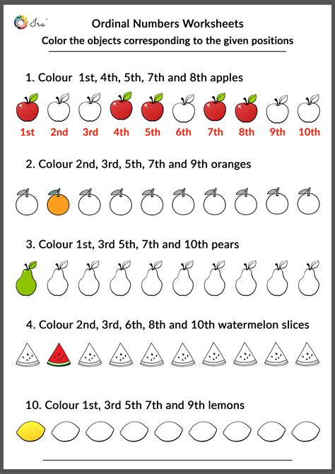 Ordinal Number Worksheet Color The Objects Corresponding To Their