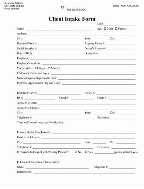 Counseling Client Printable Counselling Intake Form Template