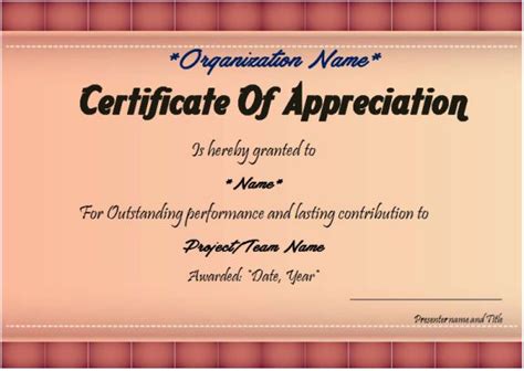 A Certificate For Appreciation Is Shown In Red And Beige Colors With