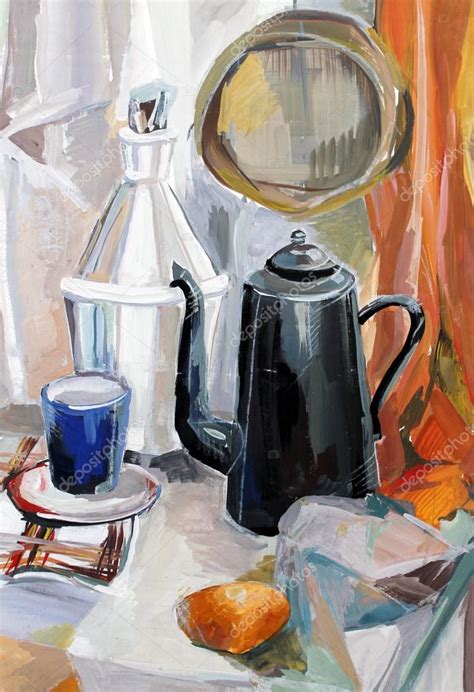 Still Life Gouache Painting The Kettle Fruits Stock Photo By