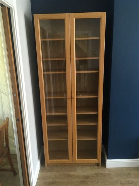 Ikea Oak Billy Bookcase And Oxberg Glass Doors With Extra Shelves In