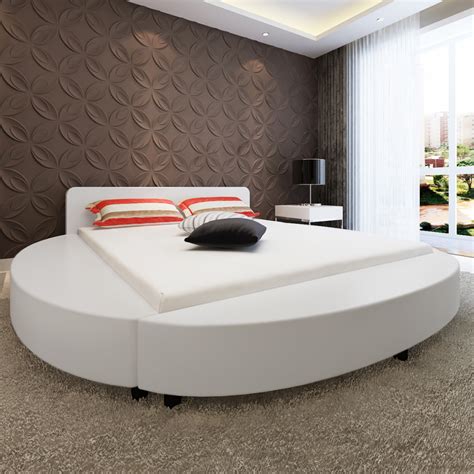 Artificial Leather Round Bed 180 Cm White With Mattress Leather Bed