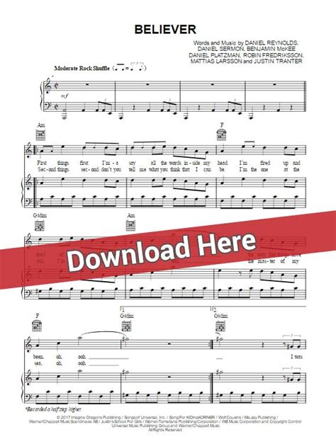 Imagine Dragons Believer Sheet Music Piano Notes
