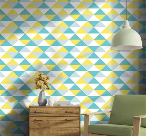 Yellow And Shades Of Blue Geometric Tile Effect Wallpaper Tenstickers