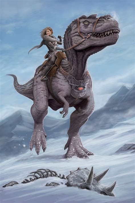 A Woman Riding On The Back Of A Dinosaur