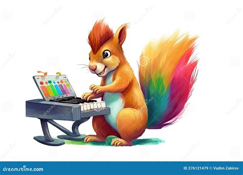 Squirrel Playing On Piano Isolated On White Illustration Stock