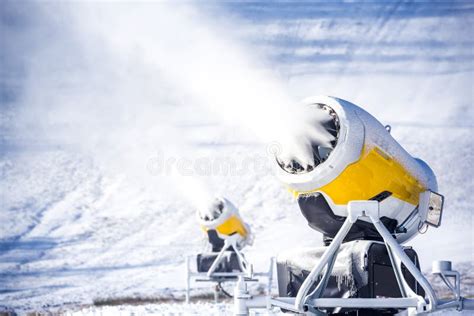Snow Cannon In Winter Mountains Snow Gun Spraying Artificial Ice