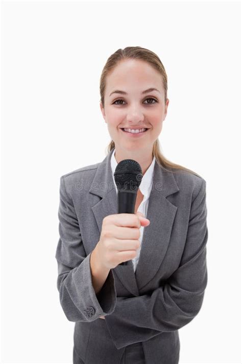 Smiling Woman Holding Microphone Stock Photo Image Of Host News