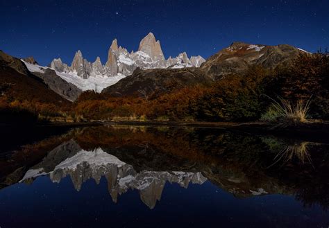 Nights Mirror Mount Fitz Roy Reflecting Perfectly On A Still Pond
