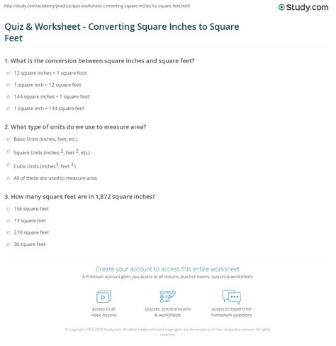 Quiz And Worksheet Converting Square Inches To Square Feet