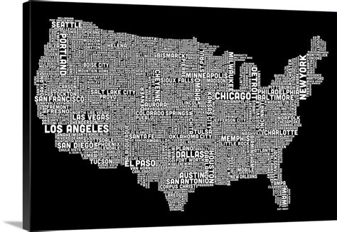 United States Cities Text Map Black And White Wall Art Canvas Prints