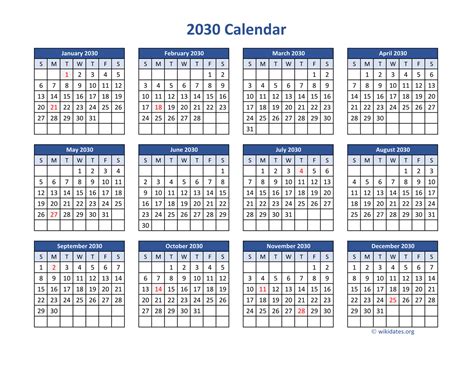 2030 Calendar in PDF | WikiDates.org