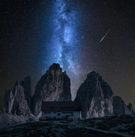 Stunning Milky Way Over Dreizinnen Hut In Tre Cime Dolomites Stock