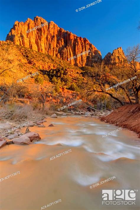 Virgin River With The Watchman At Sunset Zion National Park Utah Usa