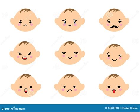 Set Of Baby Faces Emoji With Different Mood Kawaii Cute Kids Emoticons
