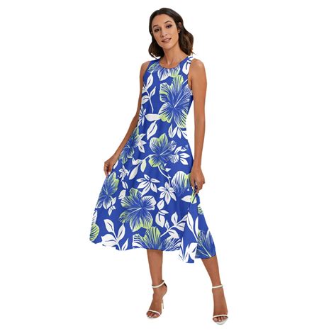 Hibiscus Blue Hawaiian Dress With Pockets Vinco Hawaiian Shirts
