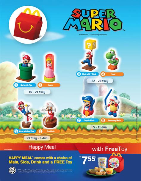 Each happy meal contains the option of a hamburger or chicken nuggets, a side like french fries and a drink. Malaysia gets Super Mario Mcdonald's Happy Meal toys, is ...