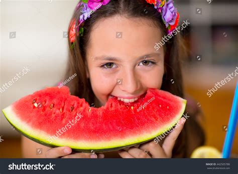 Happy Cute Little Girl Eating Watermelon Stock Photo 442505788