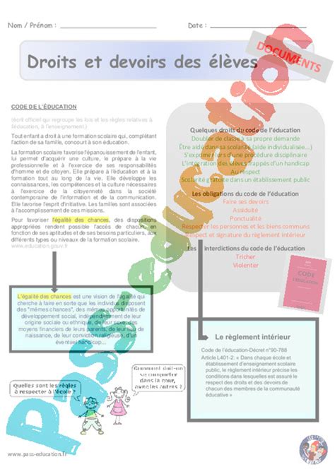 Droits et devoirs des élèves Ce2 EMC PDF à imprimer