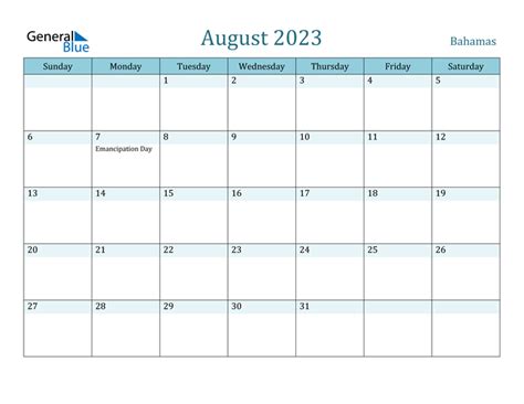 August 2023 Calendar With Bahamas Holidays
