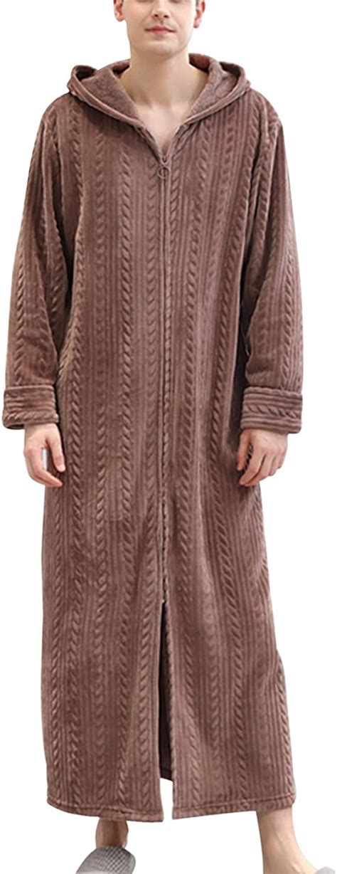 Letuwj Mens Fleece Hooded Full Length Robe Plush Collar Shawl Zipper