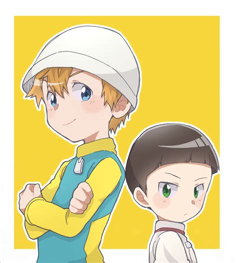 Hida Iori Takaishi Takeru Digimon Highres Boys Blue Eyes Green Eyes Hat Looking At