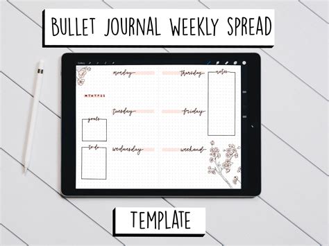 Bullet Journal Weekly Spread Template Weekly Planner Daily Etsy