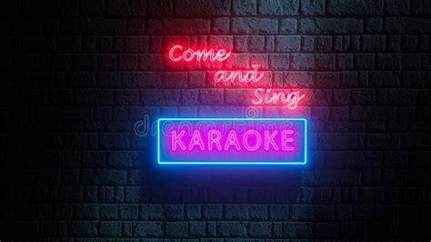 Come And Sing Karaoke Neon Sign On Brick Wall At Night 3d Render Stock