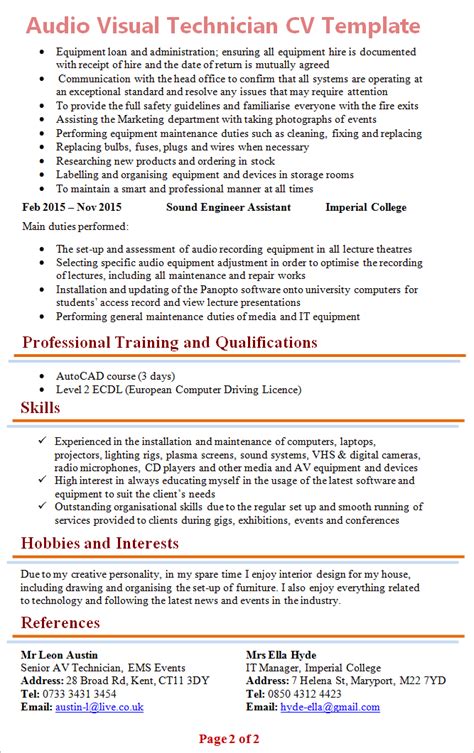 Cv template full engineering technician to land a job as an engineering technician, you need a cv that separates you from the competition. Audio Visual Technician Resume Sample | Resume Template
