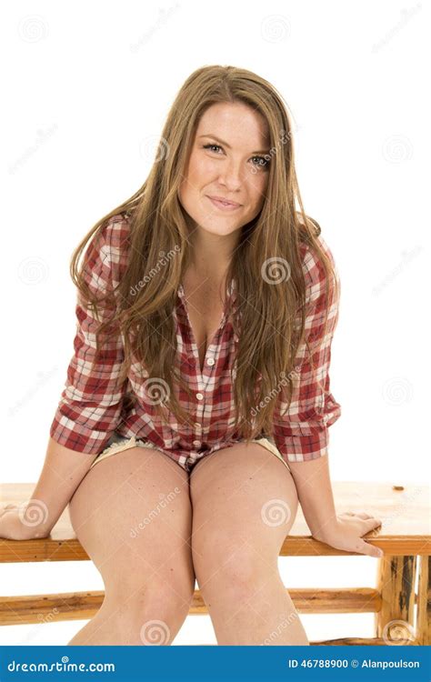 Woman Red Plaid Shirt Shorts Sit Hands Side Smile Stock Photo Image