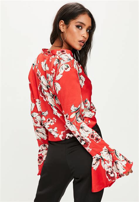 Red Floral Print Satin Blouse | Missguided