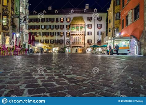 Night Cityscape View Of Streets And Typical Tyrolean Architecture In